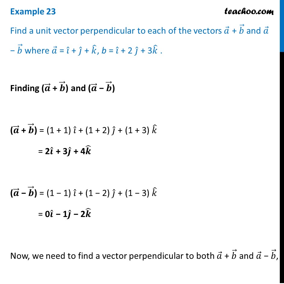 Example 23 - Find a unit vector perpendicular to a + b, a - b