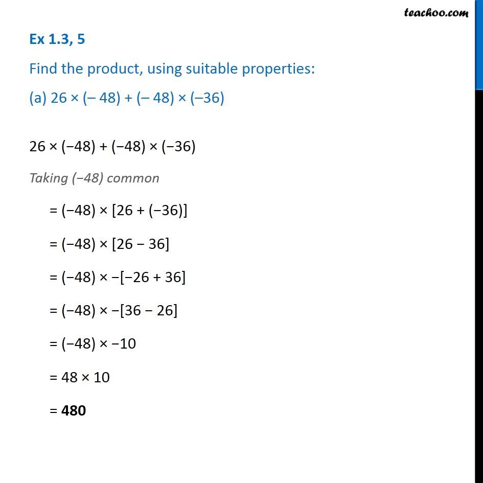 Ex 1.3, 5 - Find product, using suitable properties (a) 26 x (- 48)