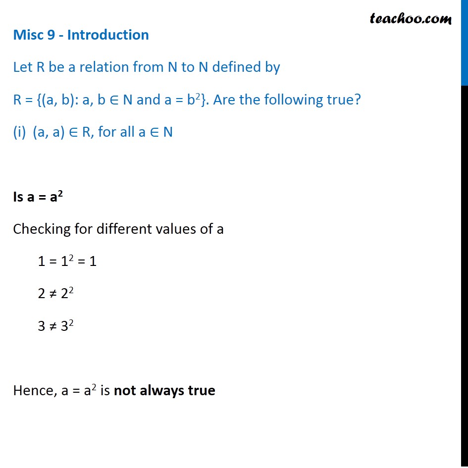 Misc 9 - R = {(a, b): a, b N and a = b2} - Chapter 2 Class 11