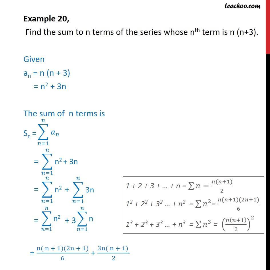 Example 20 - Find sum to n terms of series, nth term is n(n + 3)