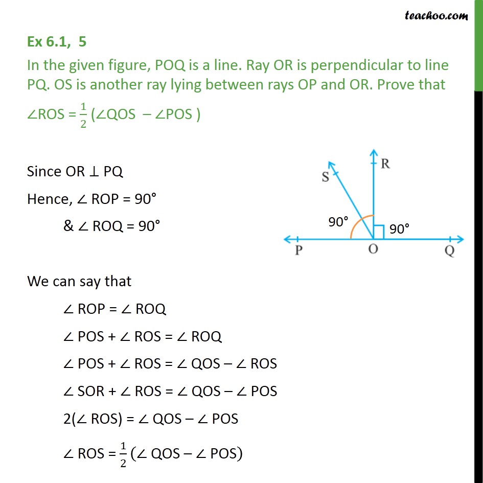 Ex 6.1, 5 - In figure, POQ is a line. Ray OR is perpendicular - Ex 6.1