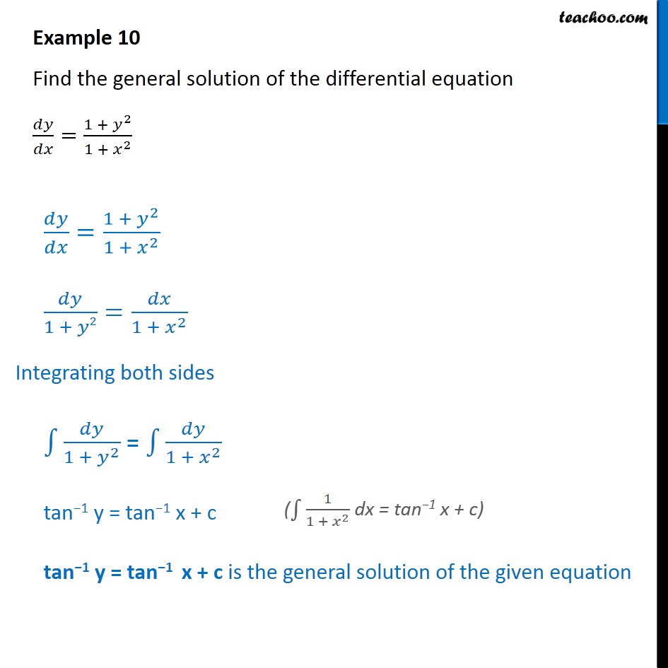 Example 10 Find General Solution Dy Dx 1 Y2 1 X2 Examples