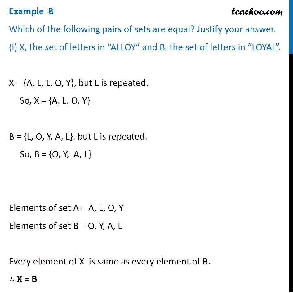 Example 8 - Which sets are equal (i) X, set of letters in ALLOY