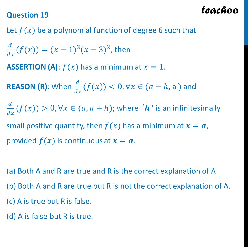 [Assertion Reasoning Class 12] Let f(x) be a polynomial function of