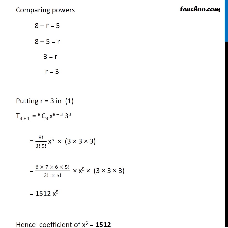 Ex 8 2 1 Find Coefficient Of X5 In X 3 8 Binomial