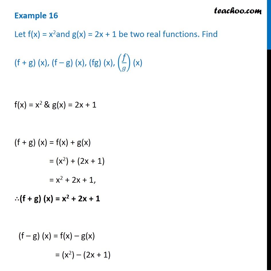 Example 16 Let F X X2 And G X 2x 1 Find F G Fg F G