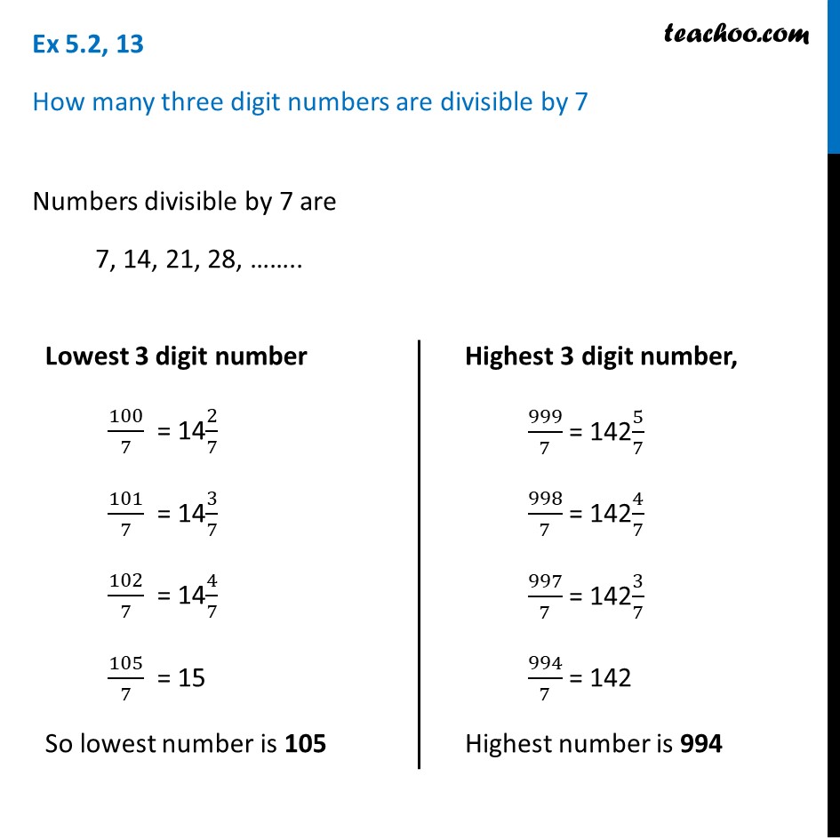 How Many Three Digit Numbers Are Divisible By 7 Ex 5 2 13 AP 