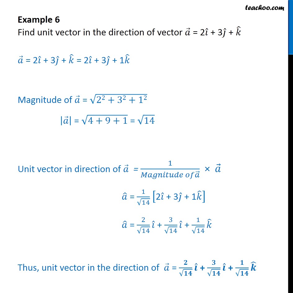 Example 6 - Find unit vector in direction of a = 2i + 3j + k