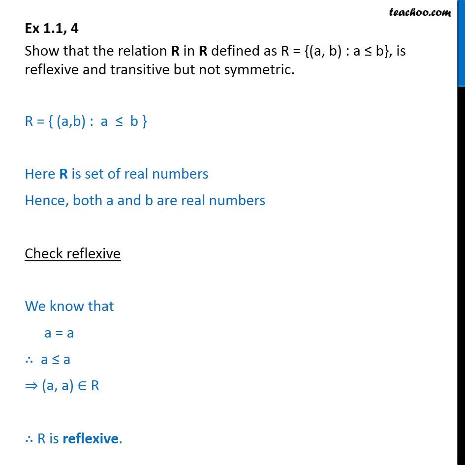 Ex 1.1, 4 - Show R = {(a, B) : A