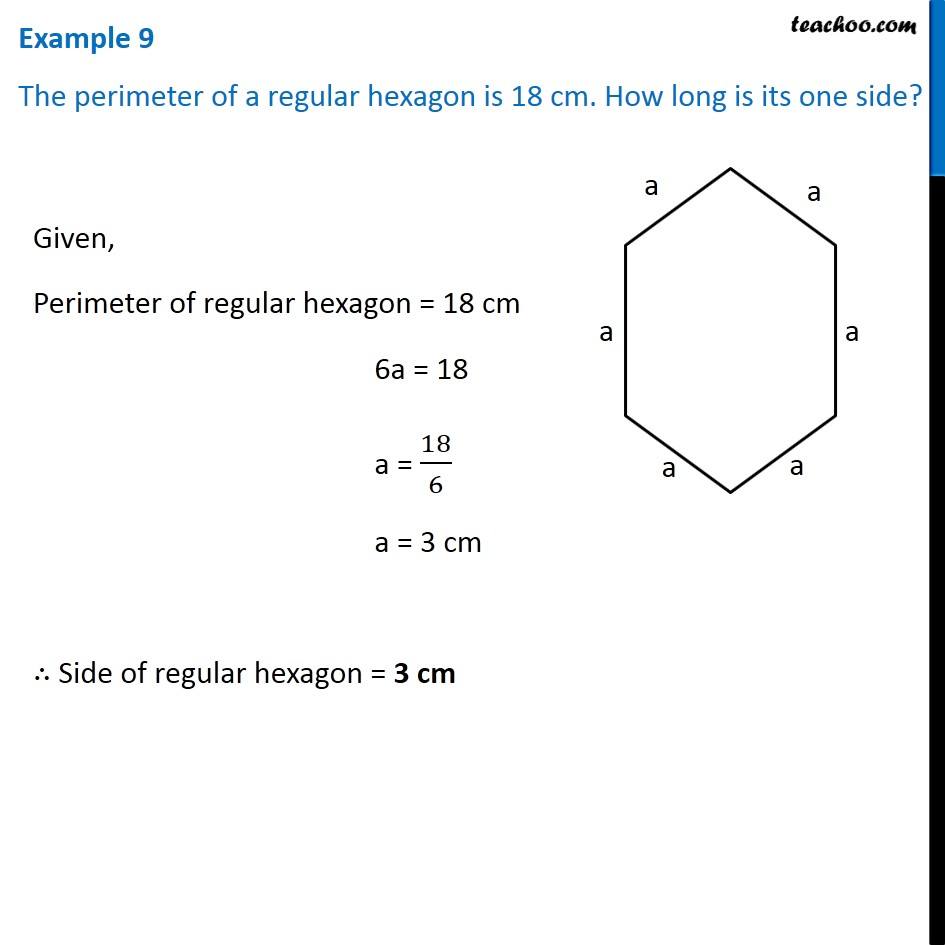 Example 9 - The perimeter of a regular hexagon is 18 cm. How long