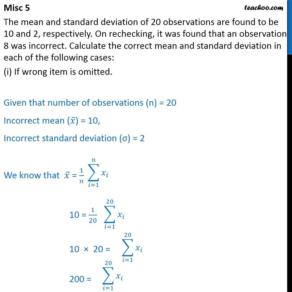 Misc 5 - Mean, standard deviation of 20 observations are 10, 2 - Indirect questions - Incorrect observation