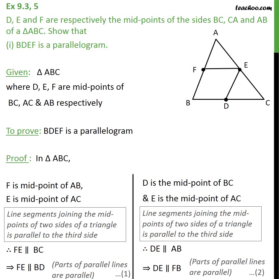 Ex 9.3, 5 - D, E and F are the mid-points of sides BC, CA - Paralleograms with same base & same parallel lines