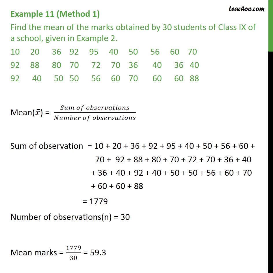 Example 11 - Find mean of marks obtained by 30 students - Examples