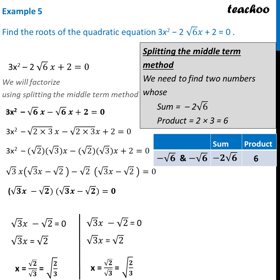 example-5-find-roots-of-3x2-2-root6-x-2-0-class-10