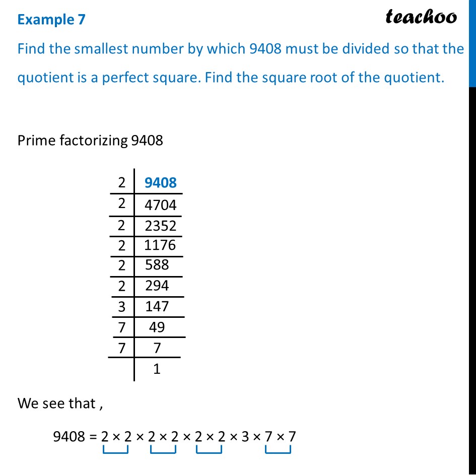 Example 7 Find The Smallest Number By Which 9408 Must Be Divided