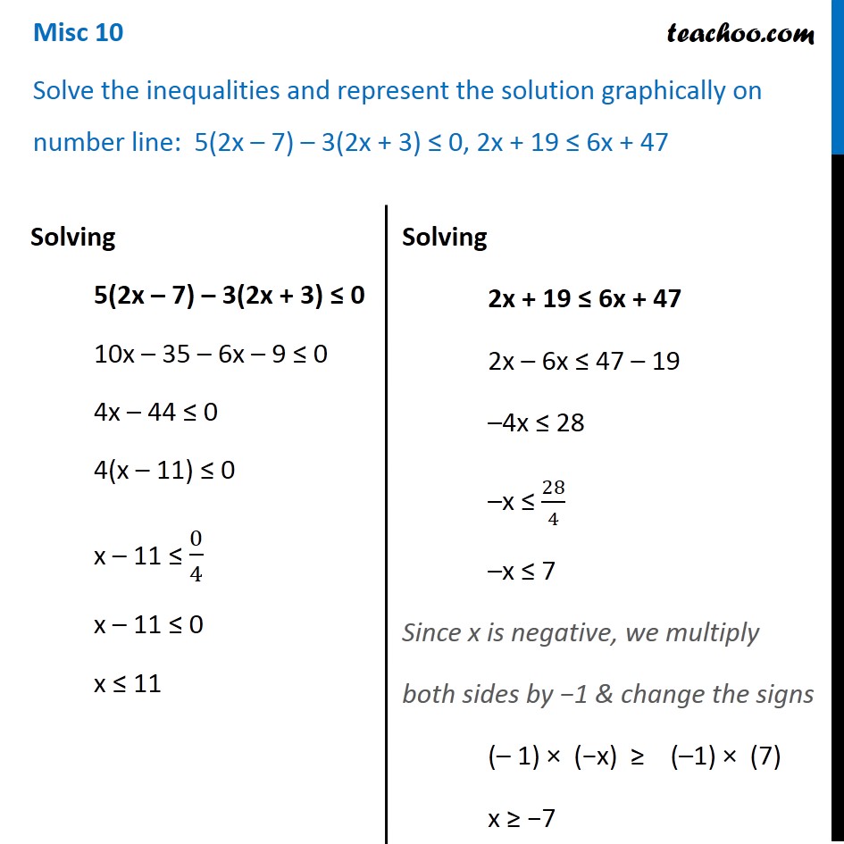 Misc 10 - Solve 5(2x - 7) - 3(2x + 3) <= 0, 2x + 19 < 6x + 47