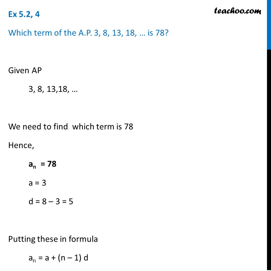 Ex 5 2 4 Which Term Of Ap 3 8 13 18 Is 78