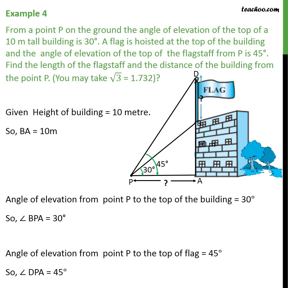 Example 4 - From a point P on the ground angle of elevation - Examples