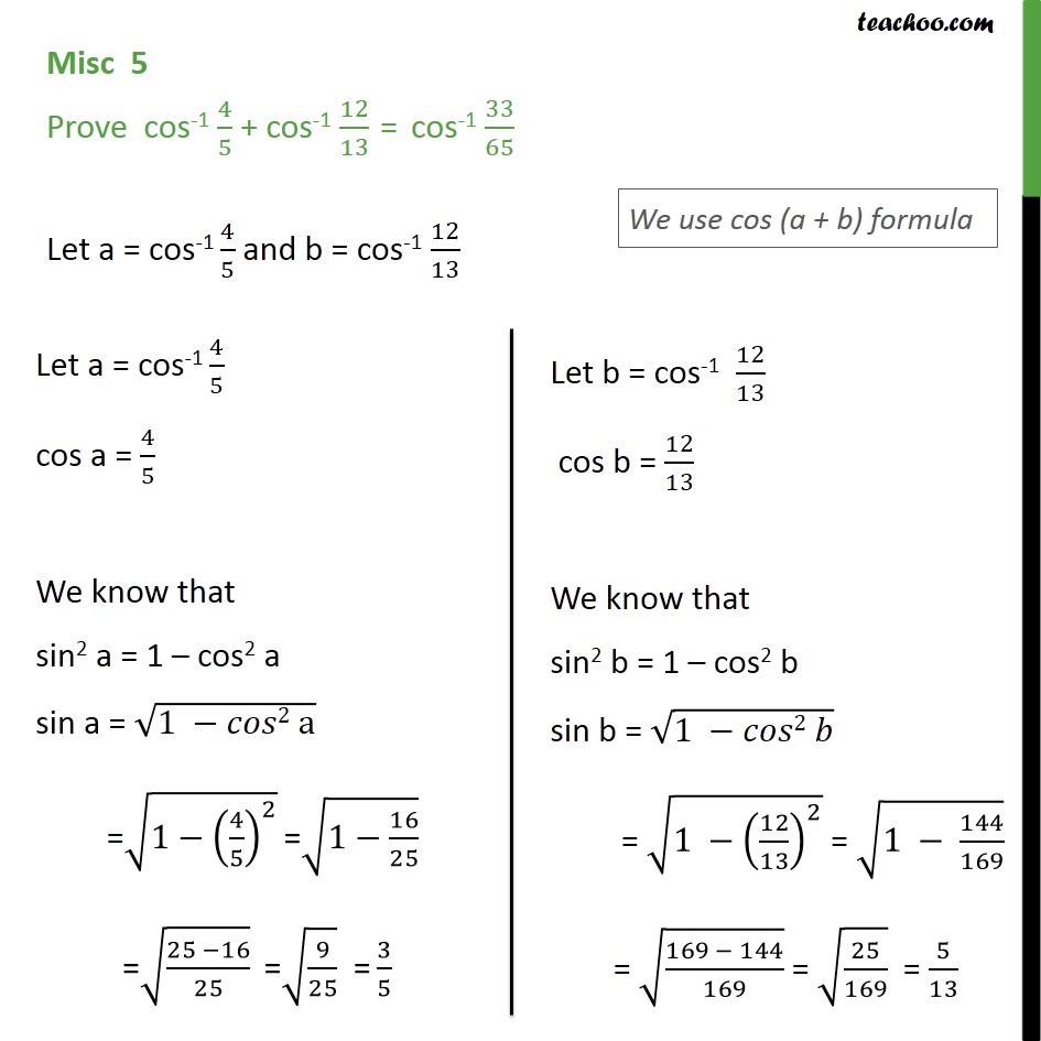 Misc 5 - Prove cos-1 4/5 + cos-1 12/13 = cos-1 33/65 ...