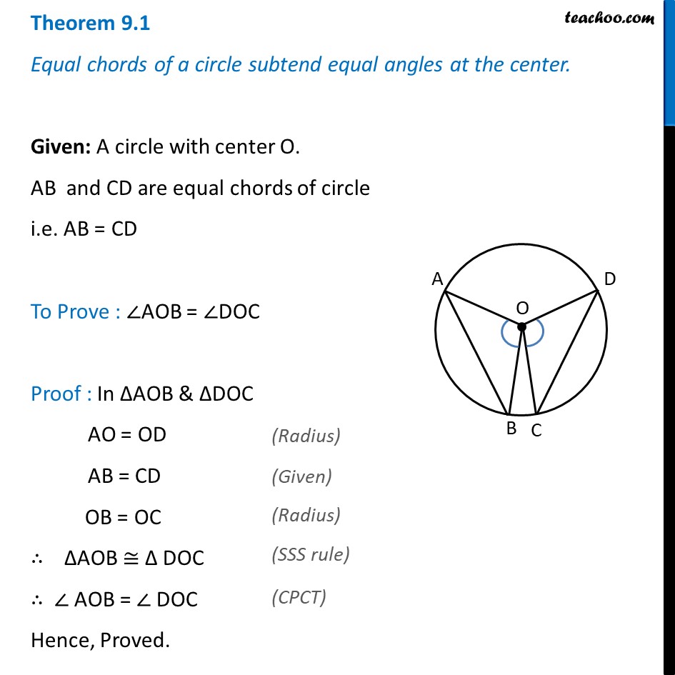 Theorem 9.1 - Class 9 - Equal chords subtend equal angles at center