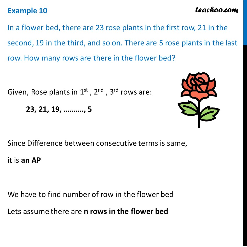 Example 10 - In a flower bed, there are 23 rose plants - Examples