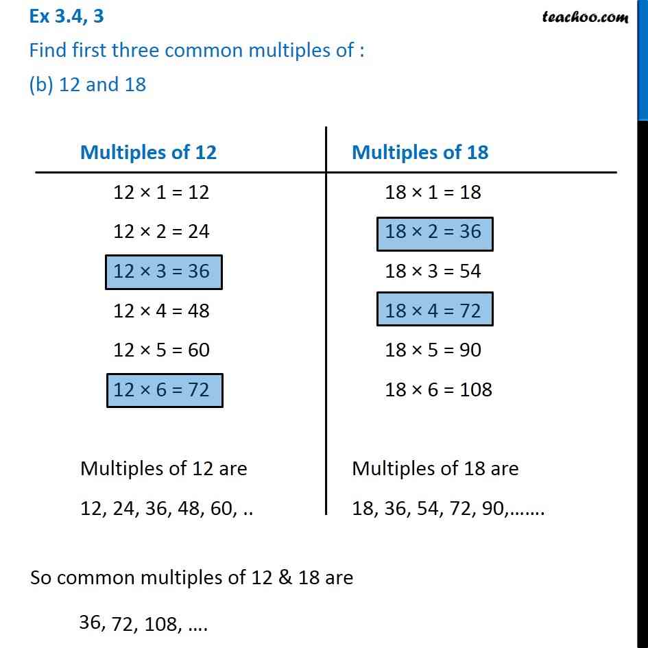 Common multiples of 12 and 18, find first three - Teachoo class 6