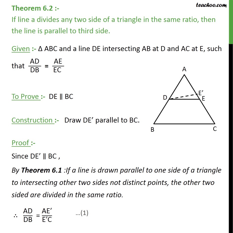 Theorem 62 Class 10 If Line A Divides Any Two Sides Of Triangle ...