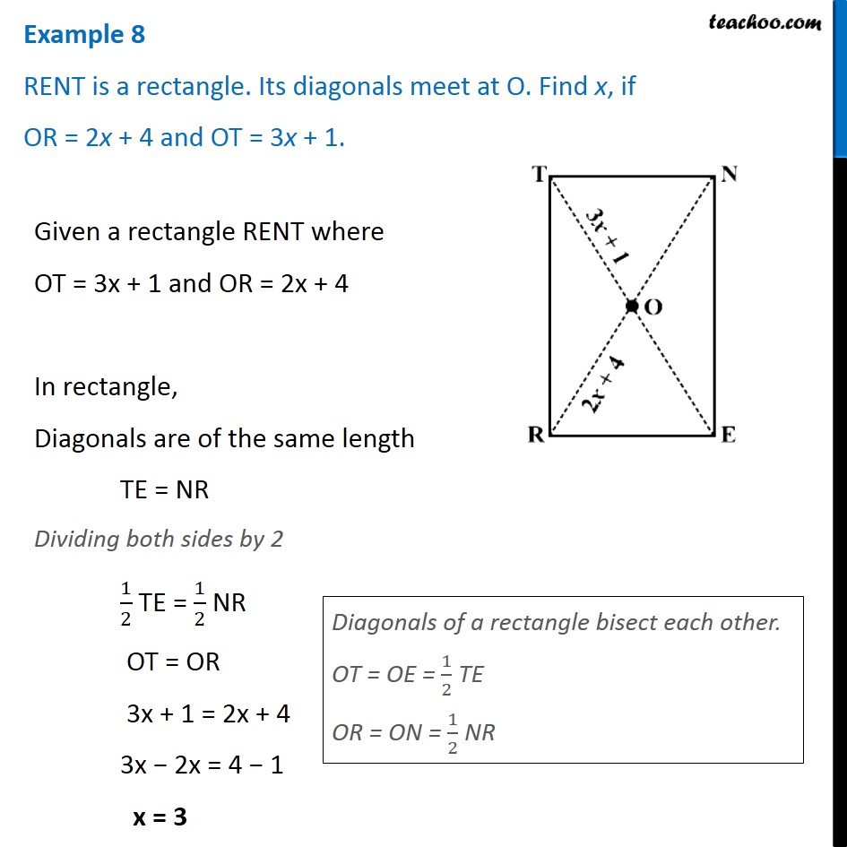 Example 8 - RENT is a rectangle. Its diagonals meet at O. Find x if