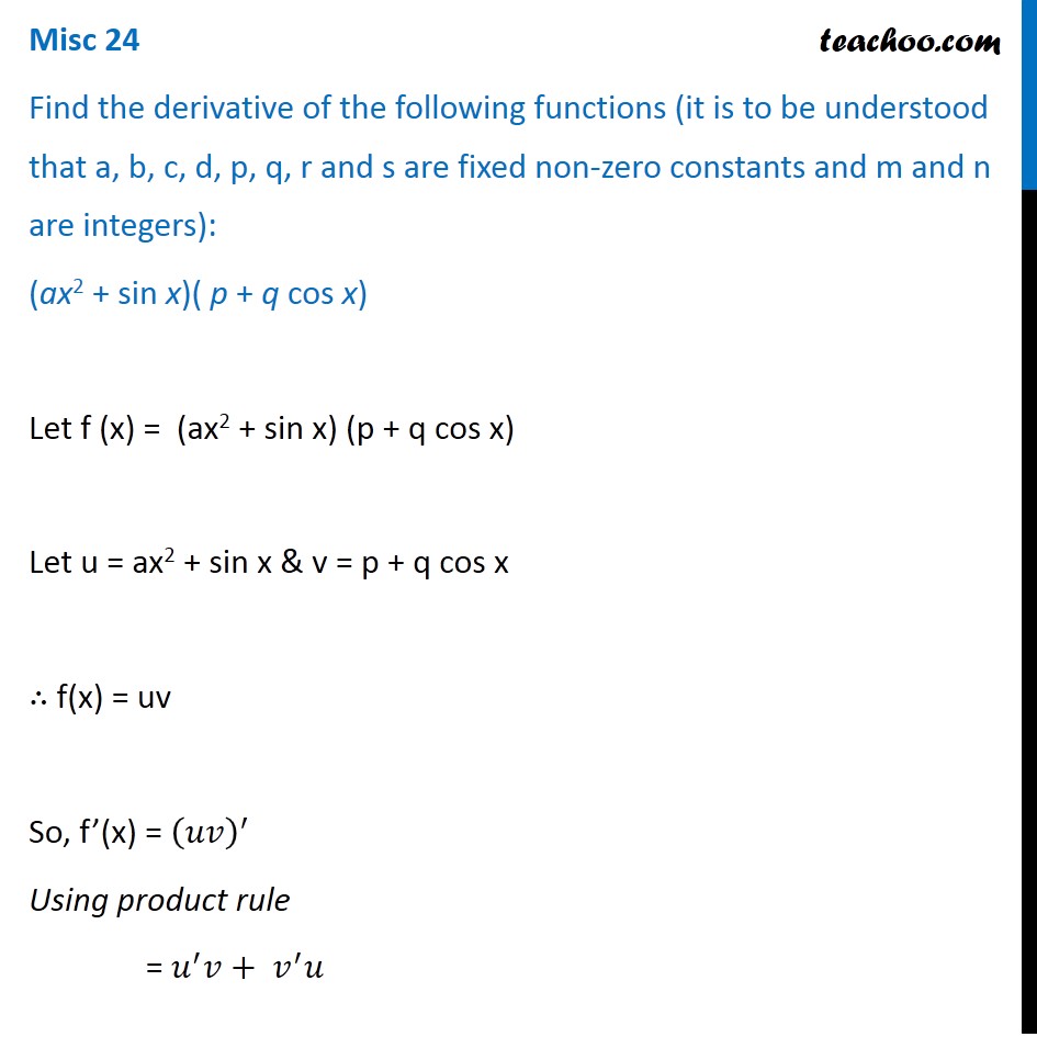 Misc 24 Find Derivative Ax2 Sin X P Q Cos X Miscellaneous