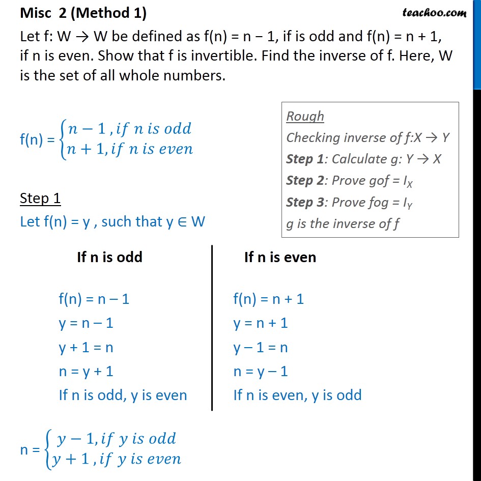 Misc 2 - Let f(n) = n - 1, if is odd, f(n) = n + 1, if even - Finding Inverse