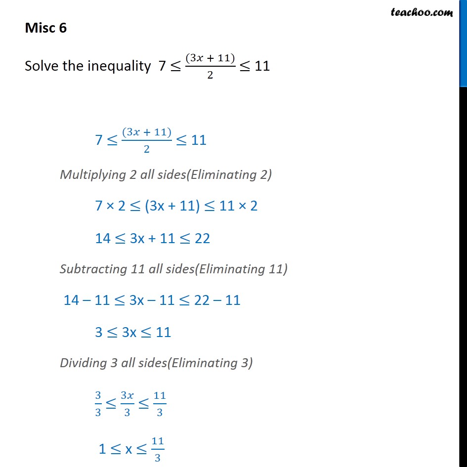 Misc 6 - Solve 7 <= (3x + 1) / 2 <= 11 - Chapter 6 Class 11 - Solving inequality  (both  sides)