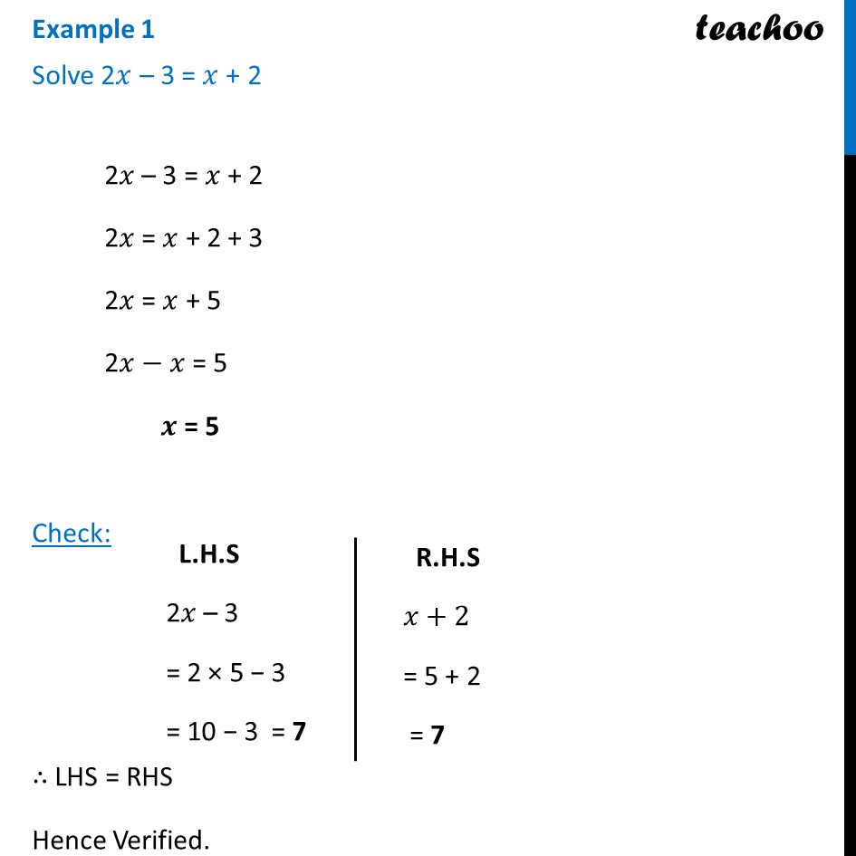 Example 1 - Solve 2x - 3 = X + 2 - Chapter 2 Class 8 - Examples