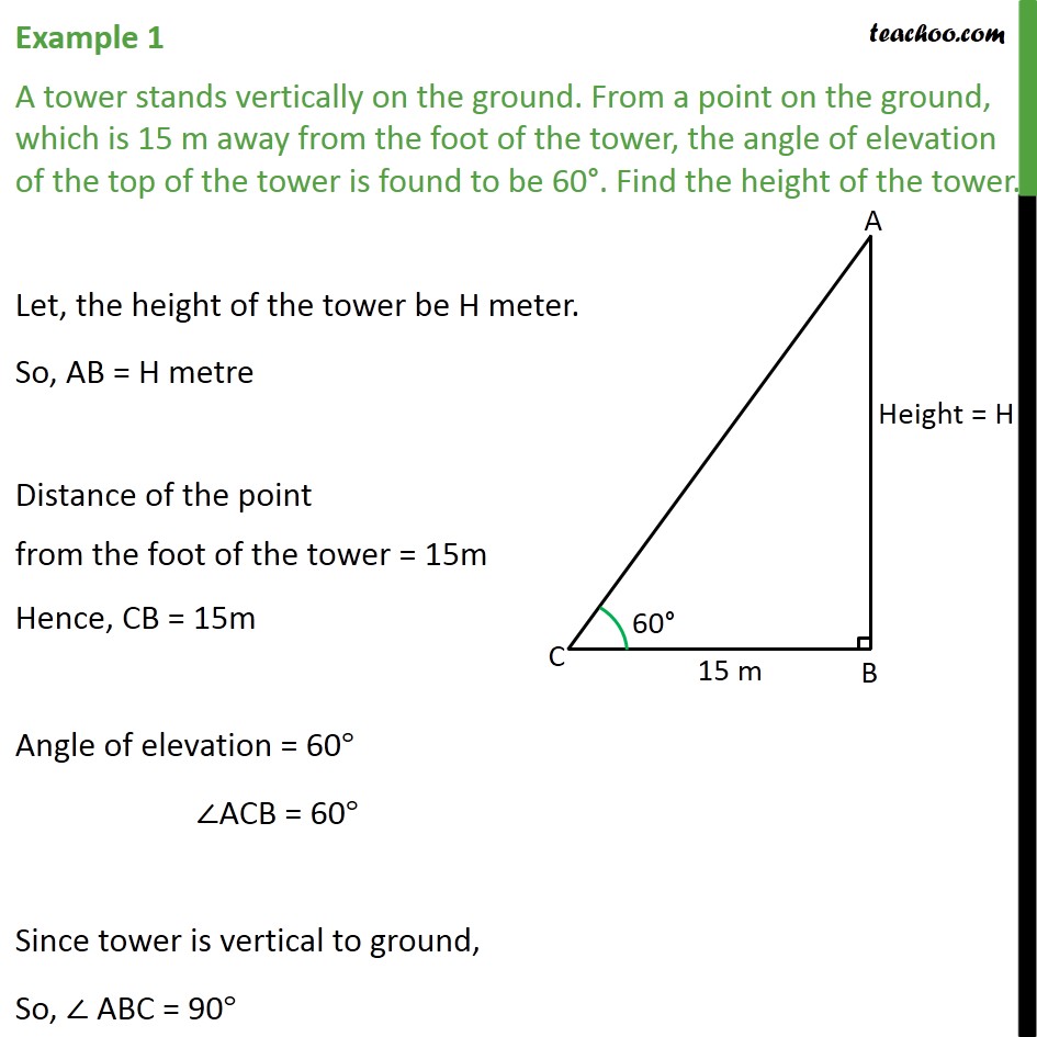 Example 1 - A tower stands vertically on the ground. From - Questions easy to difficult