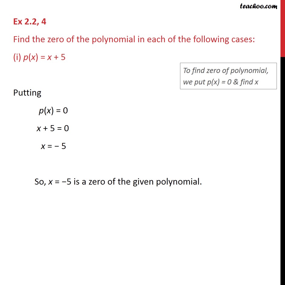 Ex 2.2, 4 - Find the zero of the polynomial in each of - Finding Zeroes of a polynomial